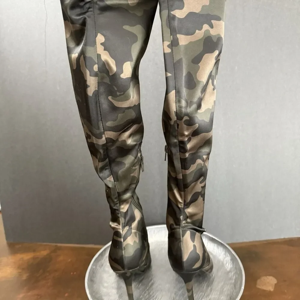 Aldo Camo Stretch Satin Thigh High Boots Size 6 Military Chic Grunge punk sleek - Picture 7 of 16